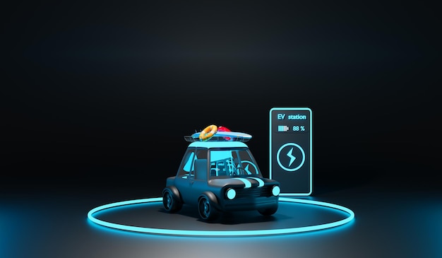 Электромобиль на зарядной станции. EV Car, технология зарядки электромобилей, 3d иллюстрация