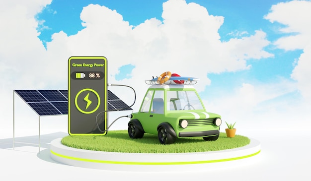 Electric car at charging station. EV Car, Electric vehicle charging technology. Eco-friendly alternative energy concept, 3d illustration