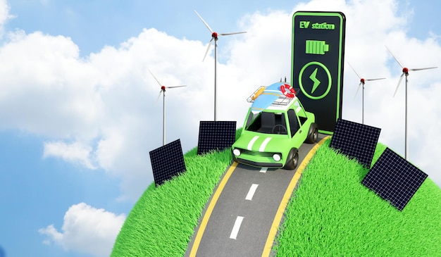 Electric car at charging station. ev car, electric vehicle\
charging technology. eco-friendly alternative energy concept, 3d\
illustration