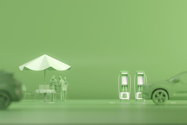 녹색 배경에 전기 자동차 충전 스테이션 3d 렌더링을 충전하는 전기 자동차용 전원 공급 장치