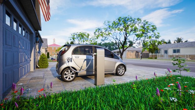 Electric car charging station at home 3d render