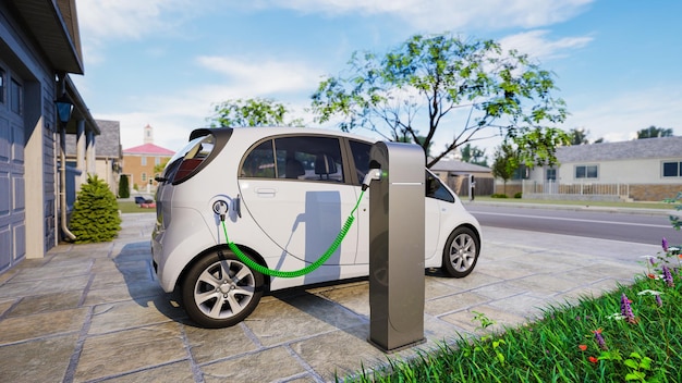 Electric car charging station at home 3d render