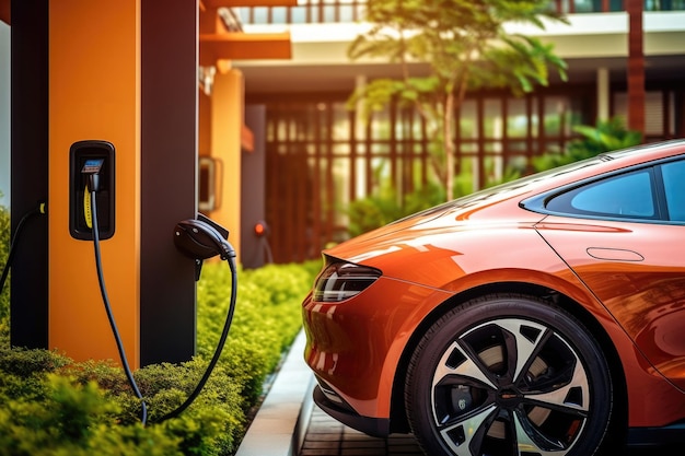 Electric car at charging station near luxury house Generative AI