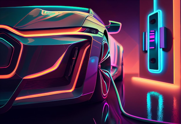Electric car charging station neon lights design EV car in futuristic vehicle concept Future transportation Futuristic autonomous car Generative AI