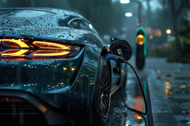 Electric car charging station plugged in in the rain