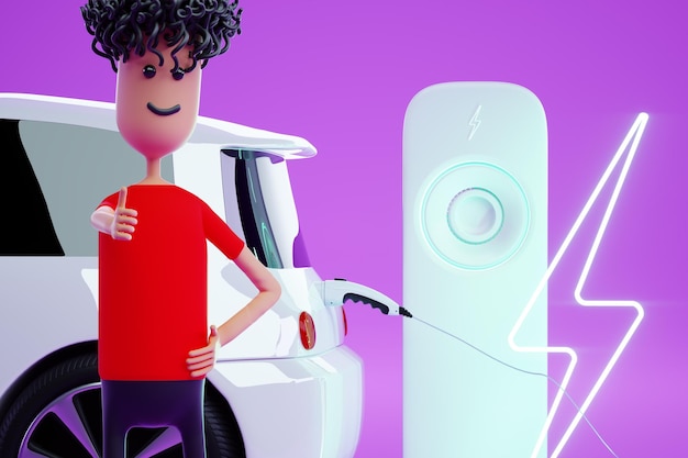 Electric car at charging station with cartoon young man, thumbs up. Electric motor concept, electric car, charging station, green technologies, future. Copy space, 3D render, 3D illustration.