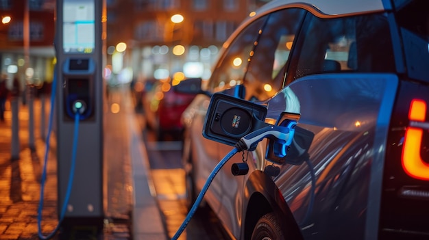 An electric car charging station with a display showing saved carbon emissions