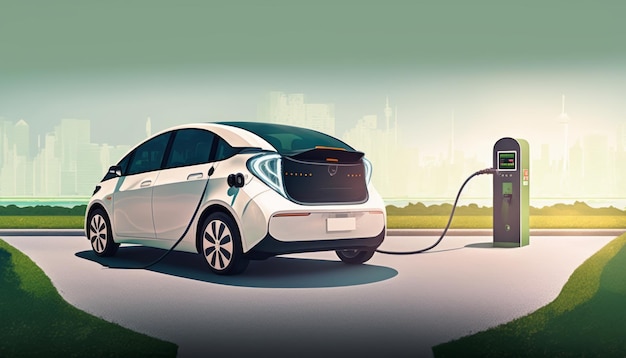 電気自動車の充電ステーション 緑の街のスカイライン バッテリー EV 車両 プラグインされ,再生可能エネルギーからの電気を得る ソーラーパネル 風力タービン