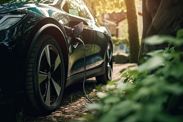 Electric car at charging station with plugged power cable EV vehicle in city Generative AI