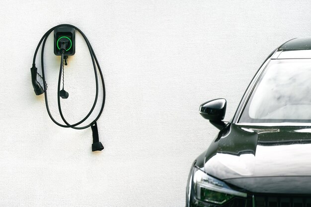 Electric car at charging station with the power cable supply Concept of ecofriendly alternative energy and transportation