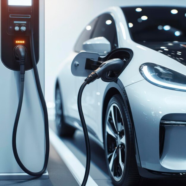 electric car at charging station with the power cable supply plugged in closeup on black background ai generative