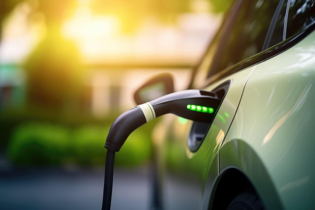 Electric car at charging station with the power cable supply plugged in Generative AI