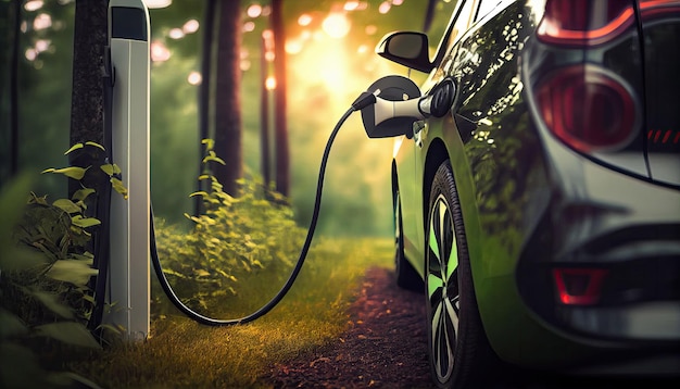 Electric car at charging station with soft light background Ecofriendly alternative energy concept