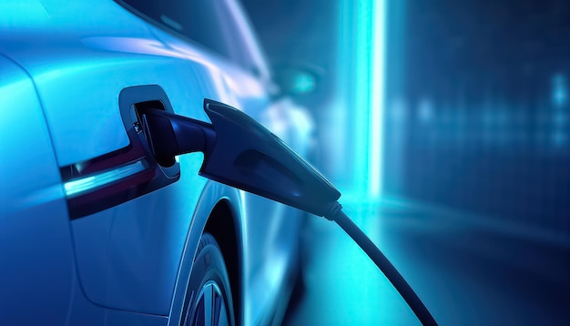 Electric car charging in the style of photorealistic detail organic and flowing forms