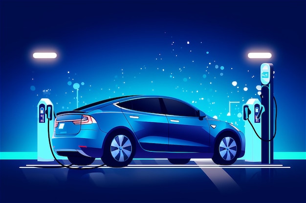 Electric car connected to a charging station on blue background