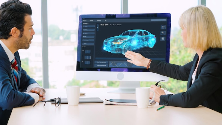 Photo electric car design software on computer screen show simulation blueprint snugly