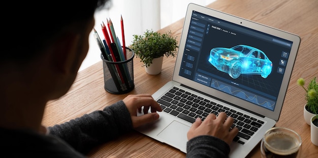 Программное обеспечение для проектирования электрических автомобилей на экране компьютера показывает симуляторный план.