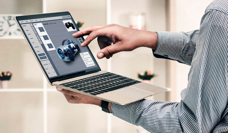 Photo electric car design software on computer screen show simulation blueprint snugly
