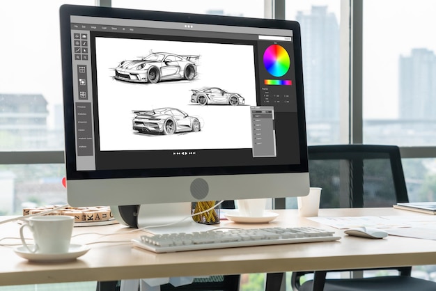 電気自動車のデザインソフトウェアはコンピュータ画面でシミュレーションブループリントをスムーズに表示します