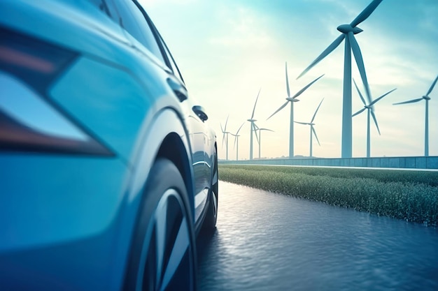 Electric Car Driving Alongside Wind Turbines on a Road