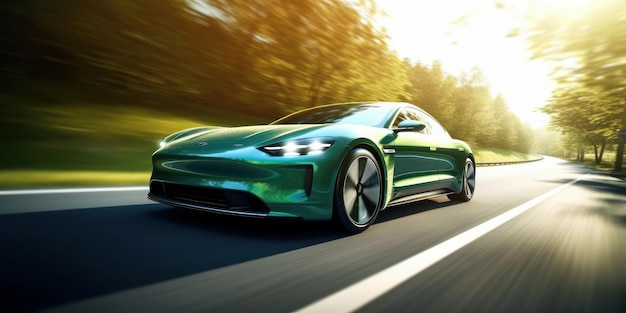 Electric Car driving on the road with green nature and blue sky motion blur background Generative AI