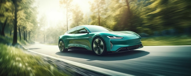 緑の自然と青空のモーションブラー背景で道路を走行する電気自動車生成AI