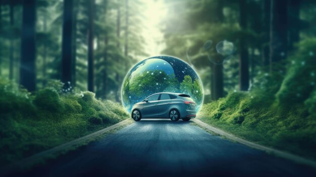 Photo an electric car energy for environment ev car on forest road with earth planet going through forest electric car with nature automotive innovation and technology concepts generative ai