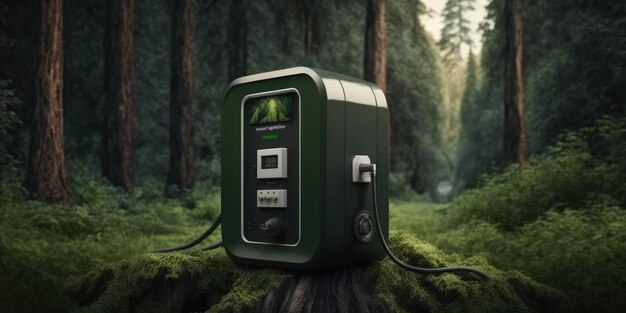 Foto stazione di ricarica ev per auto elettriche nel mezzo della foresta verde