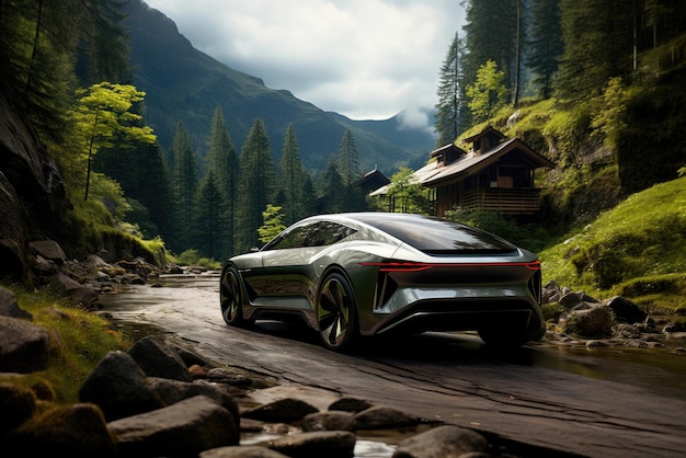Electric car of the future rides on a mountain road