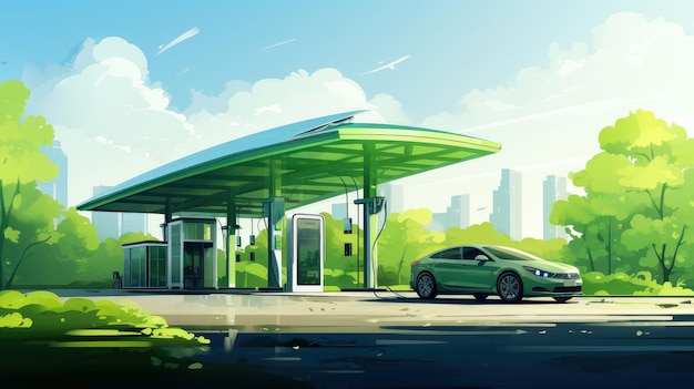 Electric car at futuristic charging station Selected focusing Eco alternative transport