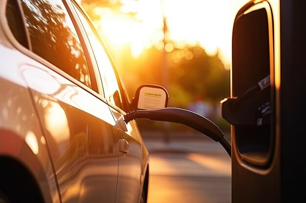 夕暮れの街の電気ステーションで電気自動車が充電される 未来の技術 生成的なAI