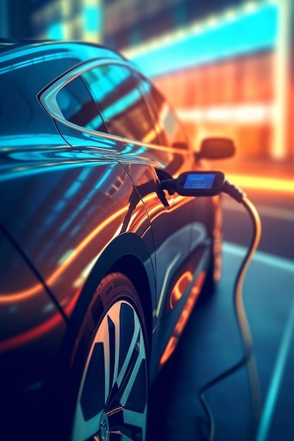 An electric car is charging at night with a bright orange glow.