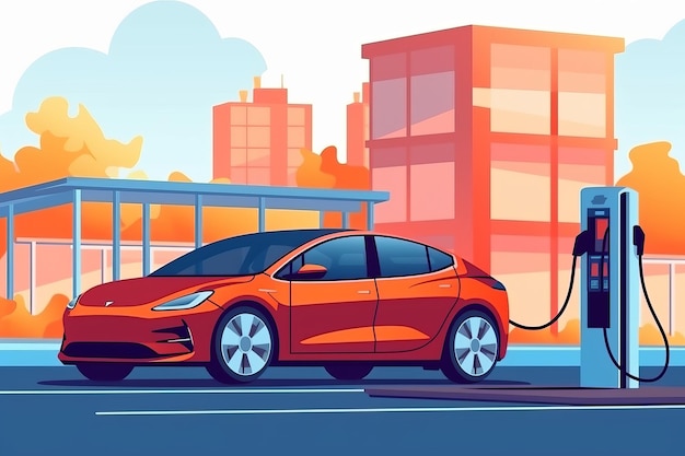 Electric car is charging on the station vector style Beautiful illustration picture Generative AI