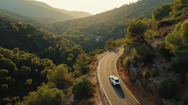 사진 전기 자동차는 푸른 숲과 산을 가로질러 달리는 휘어지는 도로에서 운전하고 있습니다.