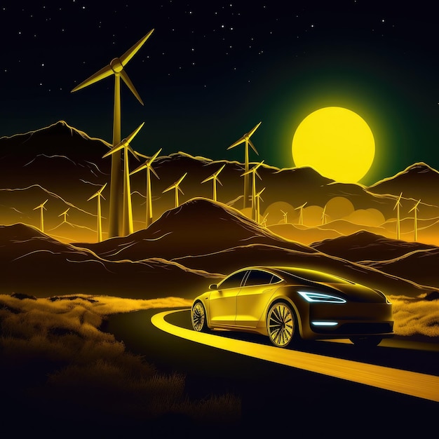 Electric car is going on road to wind turbines in night nature Generative Ai