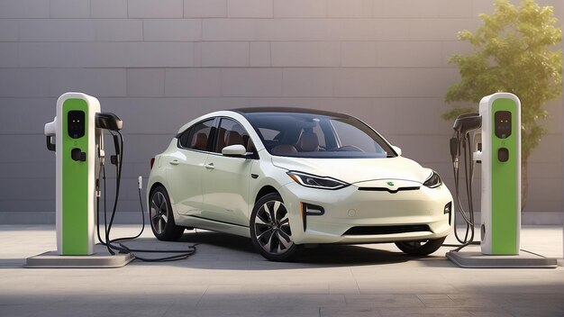 an electric car is plugged into a plugged in