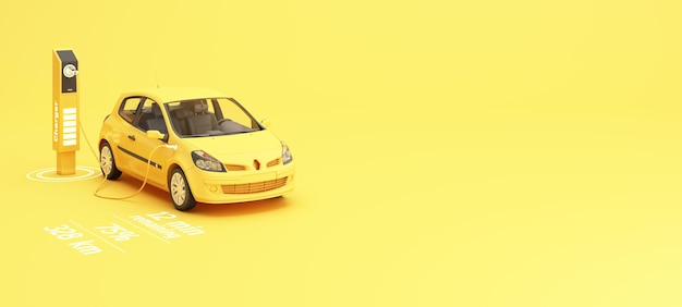 The electric car is refueling through the charger and shows on\
the screen indicates charging status on a yellow background 3d\
rendering