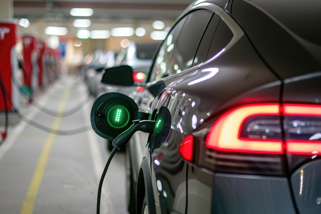 An electric car is seen connected to a charger at a charging station while being replenished with electricity Green light alerting the full charge of an electric vehicle AI Generated