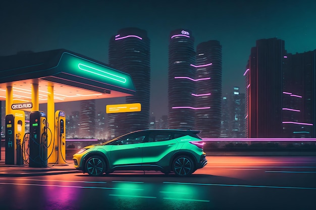 An electric car at night with neon lights on the side