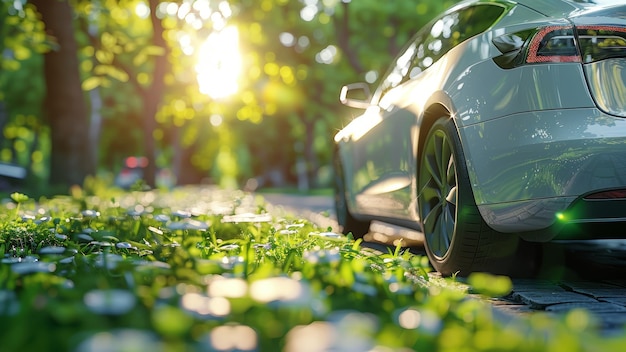 Electric Car Parked on Sunlit Green Alley