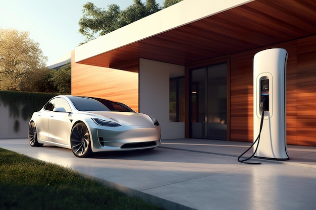 Electric car parking near home charging station electric vehicle at house generative AI