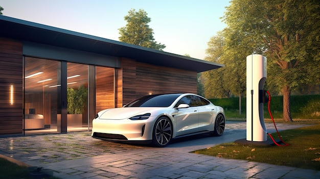 Electric car parking near home charging station modern vehicle at house generative AI