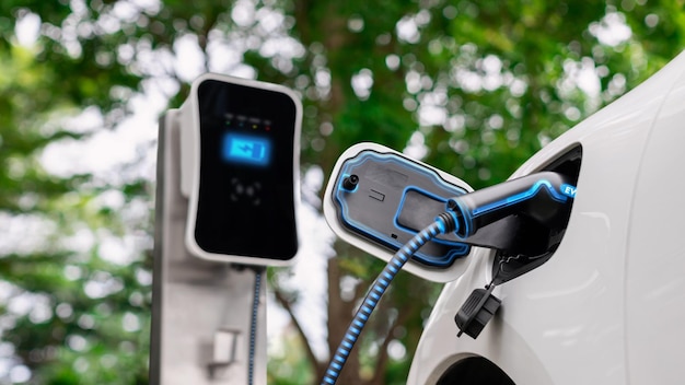 Electric car plugged in with charging station in eco green park Peruse