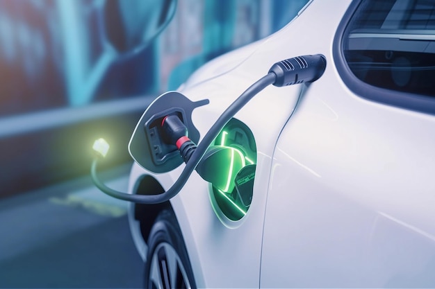 Electric car power cable plugged into car charging station booth futuristic modern technology loading electricity energy power supply battery charge energy electro mobility eco environment friendly