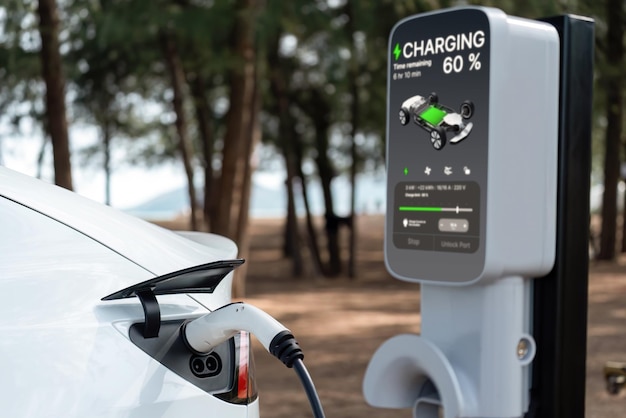 Photo electric car recharging battery at outdoor ev charging station perpetual