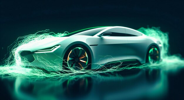 An electric car with green waves flowing around it