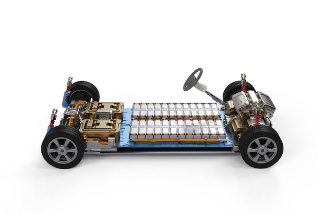 プラットフォームにバッテリーセルモジュールのパックを搭載した電気自動車