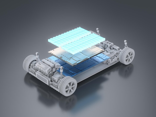 Electric car with pack of battery cells module on platform