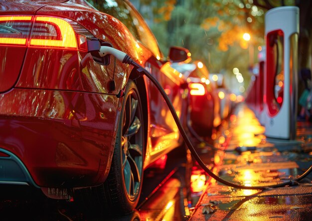 Photo electric cars charging on the street at night