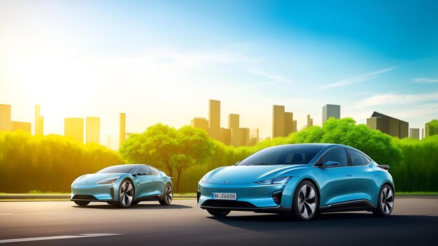 electric cars traveling at speed in future city clean energy daytime images with ai generated